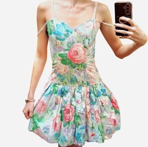 Vintage 80s Roberta's Floral Babydoll Mini Dress Small 2 Sequined Pink White